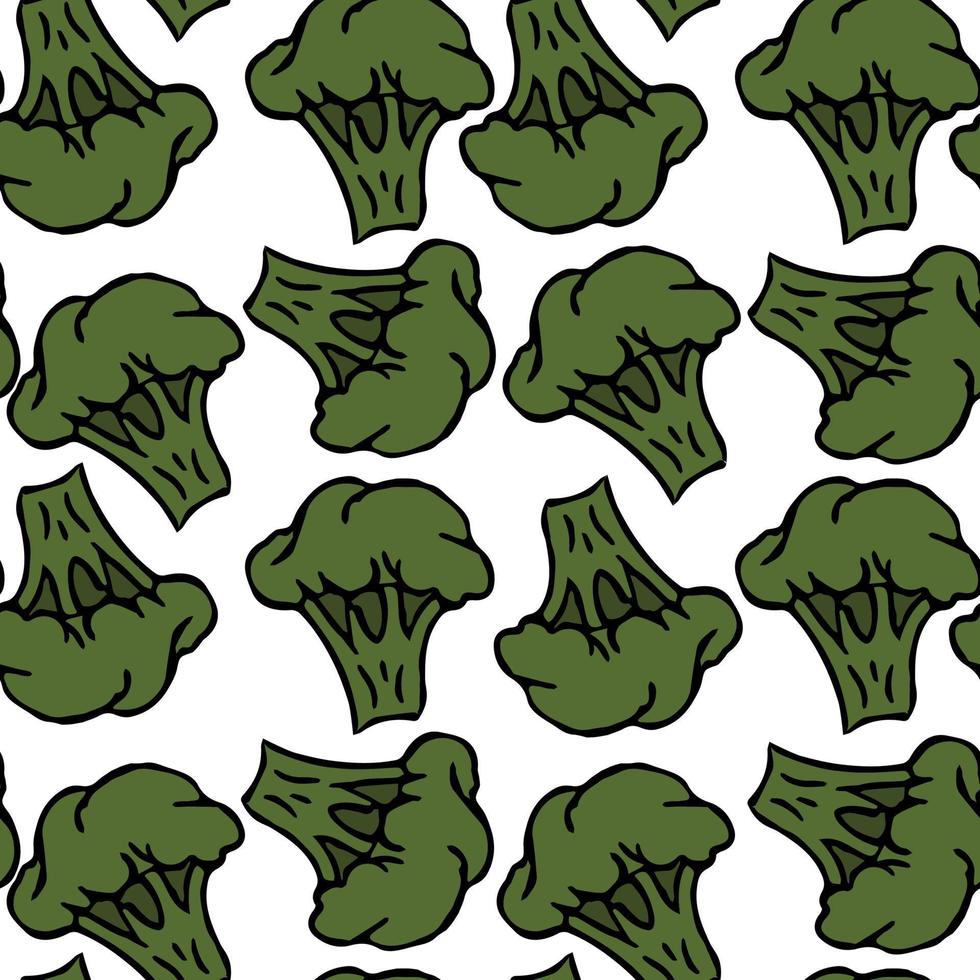 naadloos broccolipatroon. doodle vector groene broccoli pictogrammen. vintage groen broccolipatroon. gezond eten