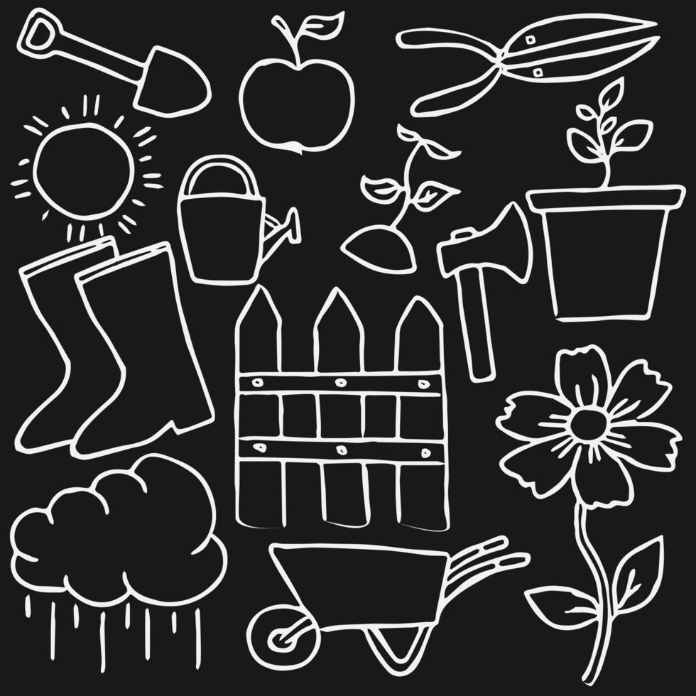 doodle vector met tuinieren pictogrammen. vintage tuinieren pictogrammen op donkere achtergrond
