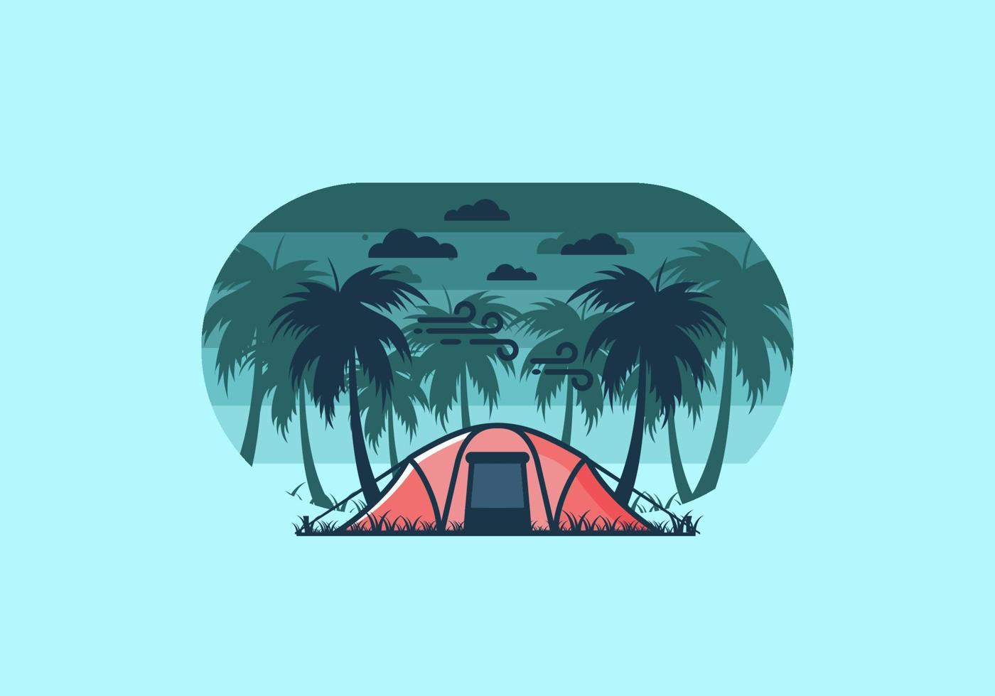 verblijf in tent onder kokospalmen vlakke afbeelding vector