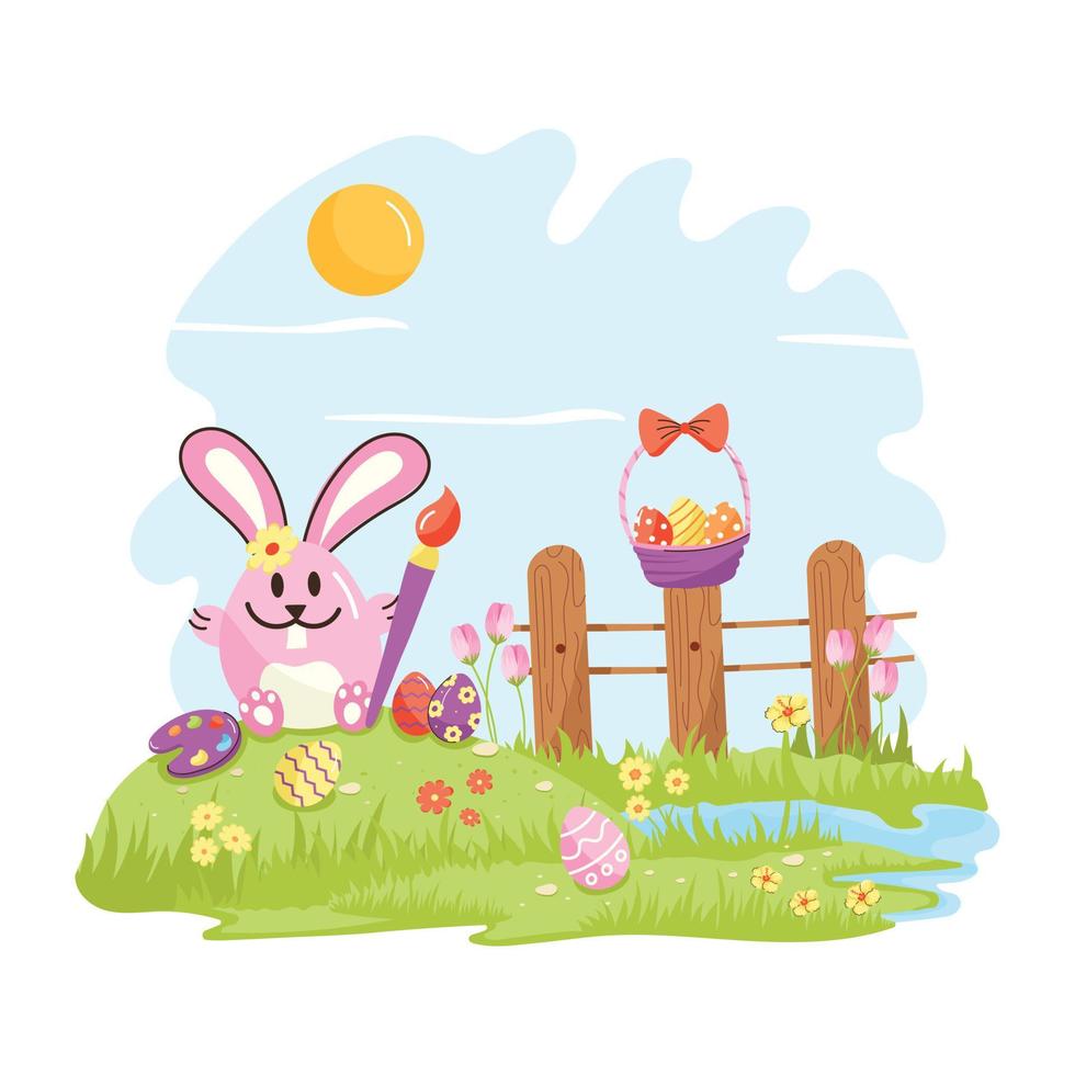 een schattig konijntje met een kwast, een platte illustratie van het schilderen van eieren vector