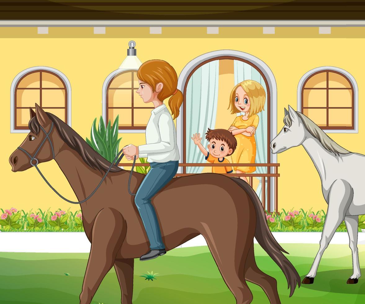 een meisje dat op een paard rijdt op de boerderij vector