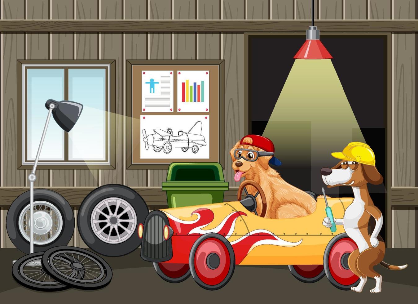 honden repareert auto in garage vector