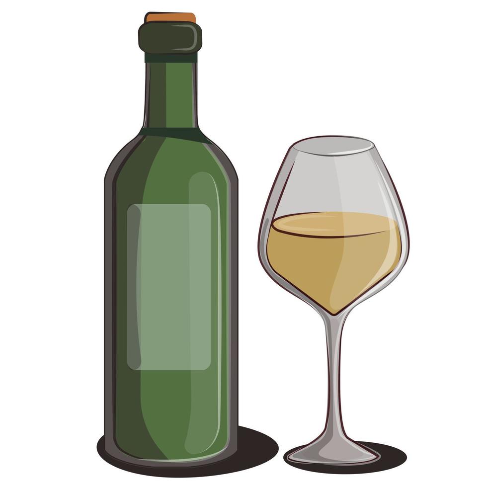 alcoholische fles wijn wijnglas platte vector minimalistische witte wijn geïsoleerd op wit voor restorans en bar menu