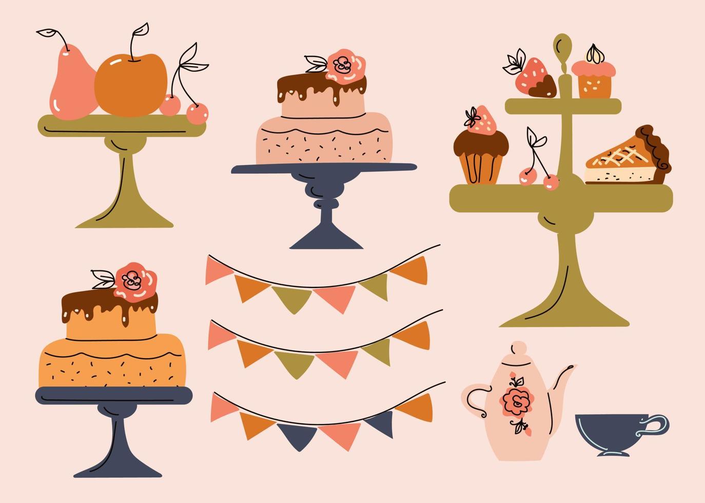 verjaardagstaart en dessert in cake stands, cartoon doodle handgetekende stijl vector kunst.