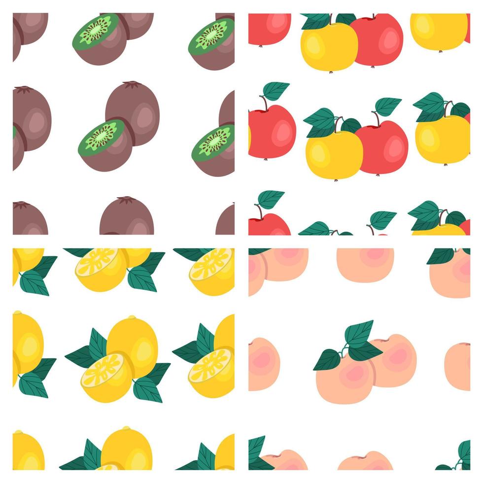 set van fruit naadloze patronen. kiwi, appels, perziken, citroenen, fruitprints. vector illustratie