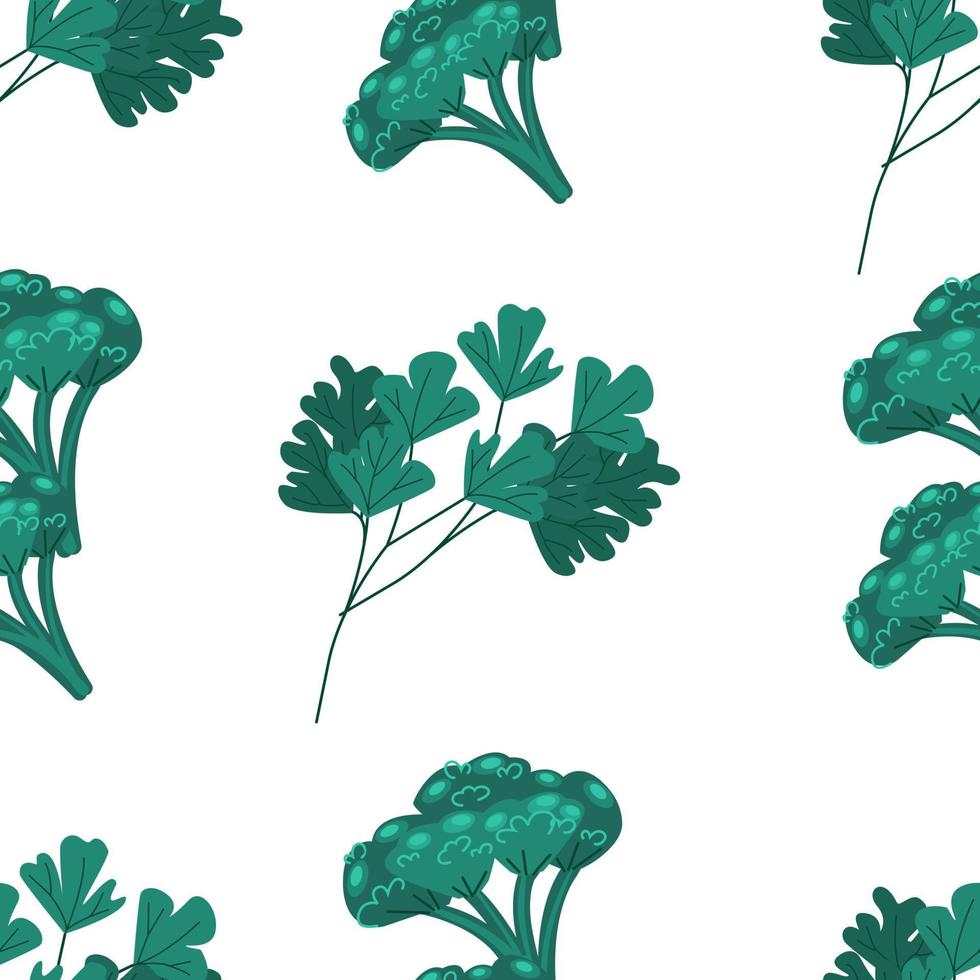 groene broccoli en peterselie laat naadloos patroon achter. plantaardige print, vectorillustratie in vlakke stijl. vector