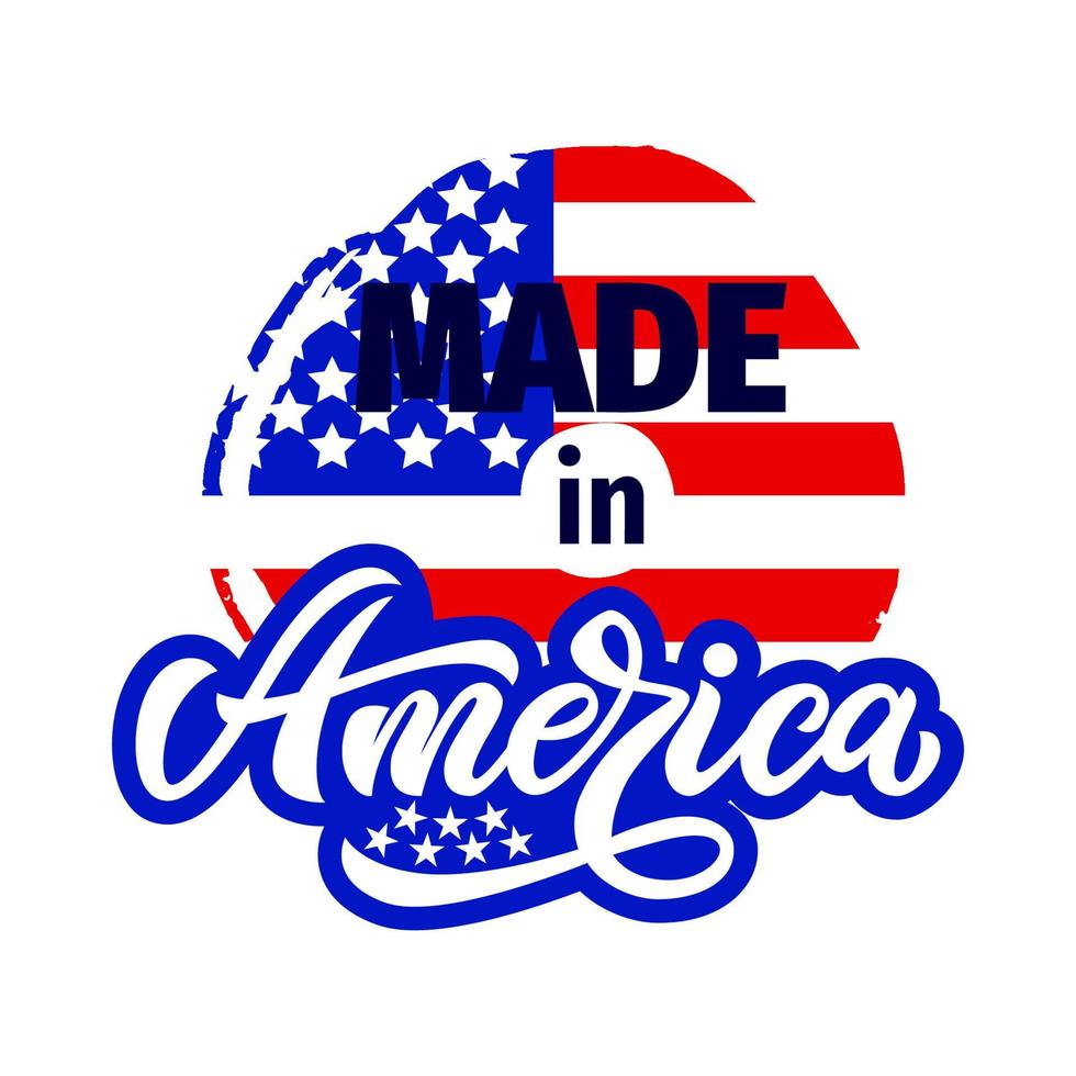 gemaakt in amerika t-shirt print ontwerp. 4 juli onafhankelijkheidsdag met op textuurplek met amerikaanse vlag. vector illustratie. als sjabloonposter, spandoek, sticker, label. belettering patriottische quote