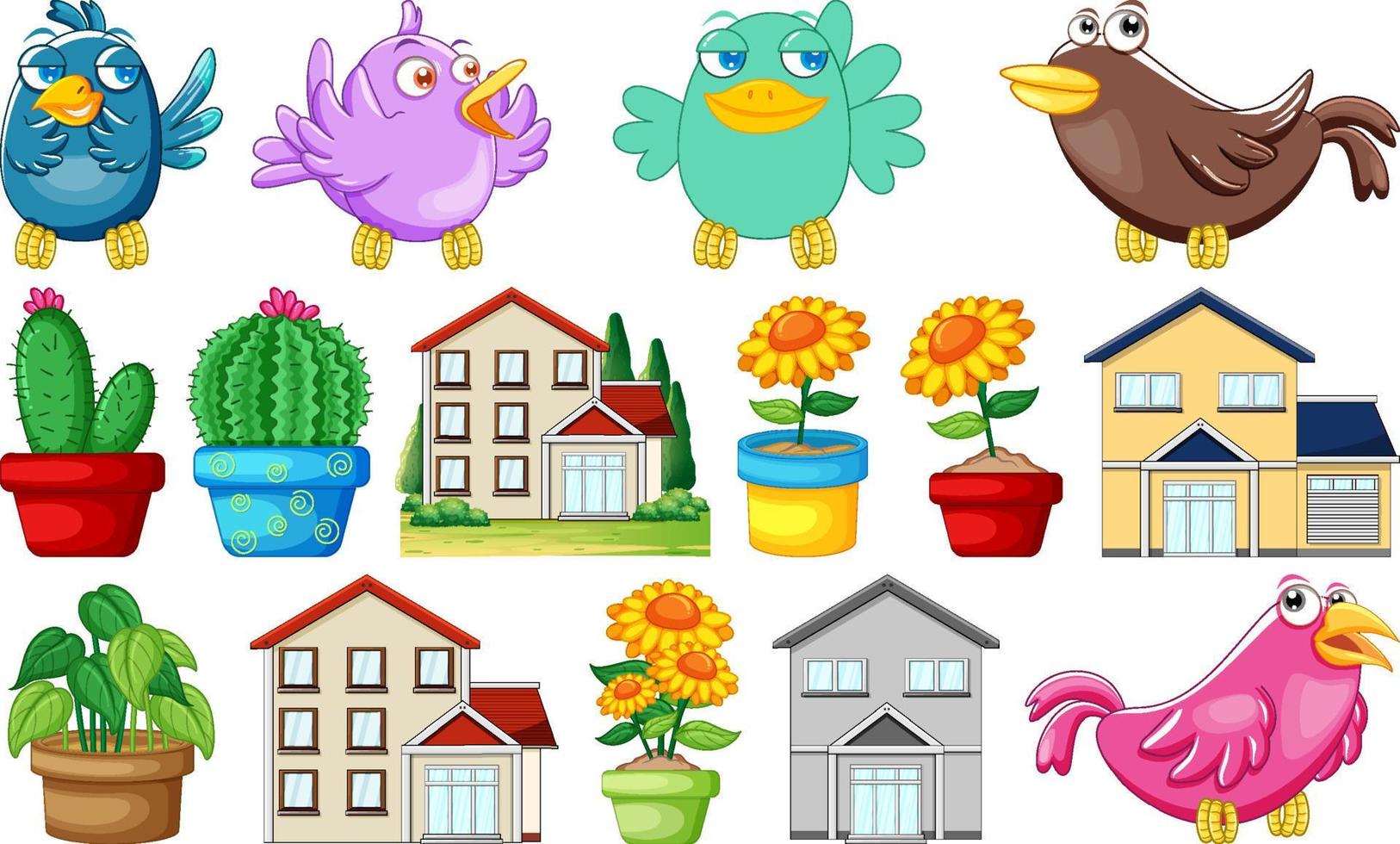 reeks huizen en kleurrijke vogels vector