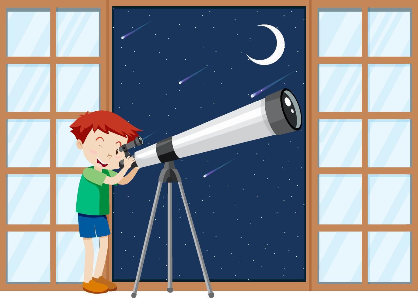 een jongen observeert de nachtelijke hemel met een telescoop vector