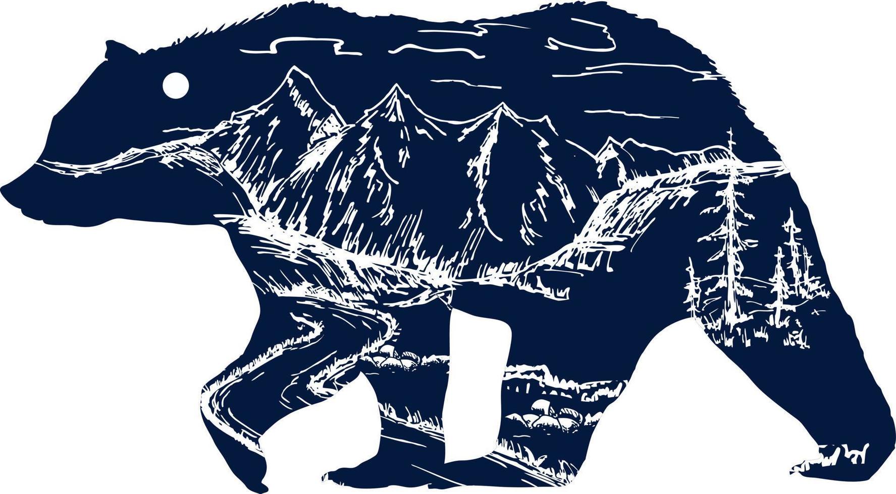 silhouet van een beer. in een dennenbos met bergen, weg en maan vector