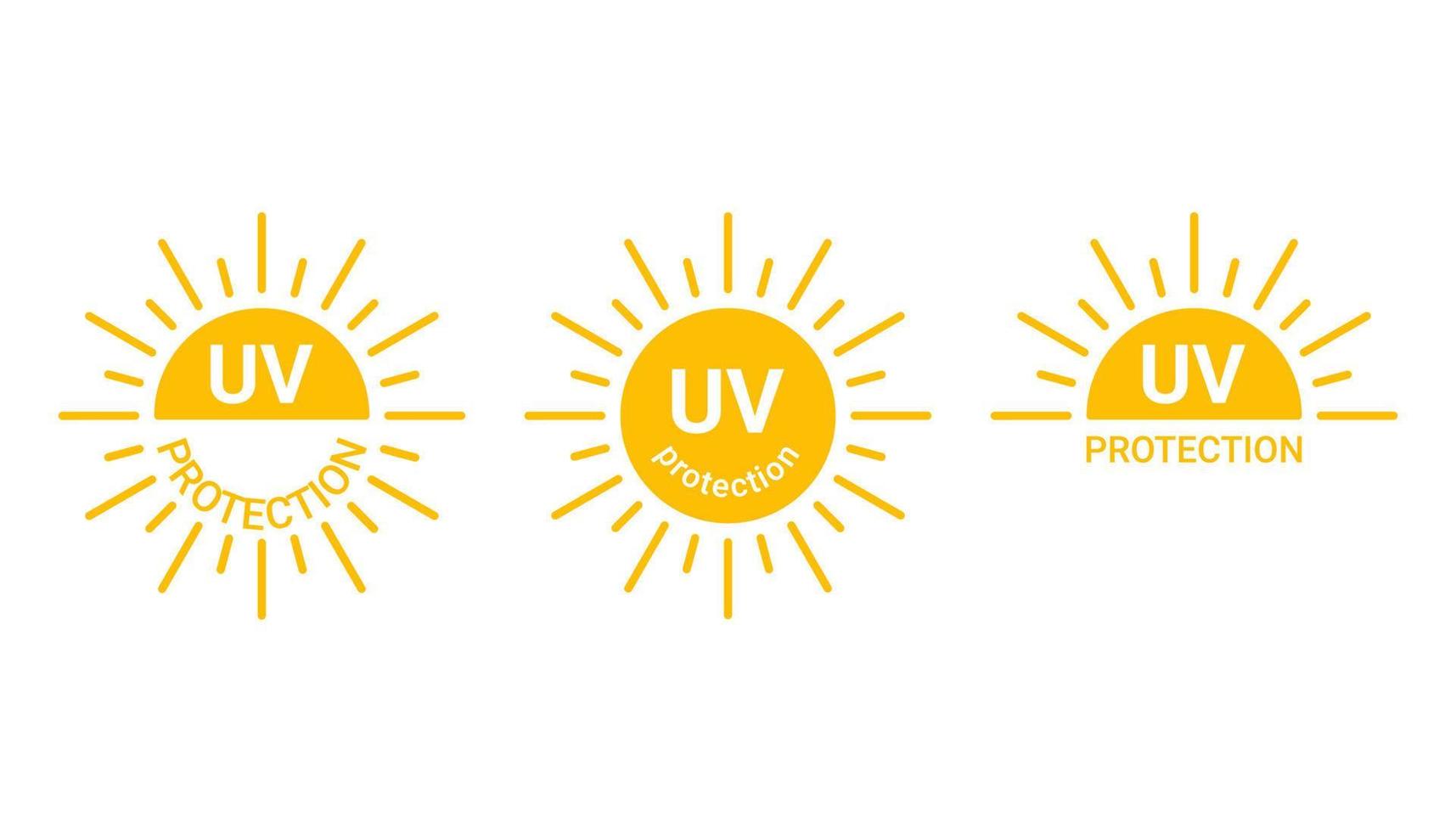 gele zon met inscriptie uv-beschermingspictogram, sunblock tegen zonneschijn en zonnebrand. cirkel volle zon en zonlicht. hete zonne-energie voor bruin. vector teken