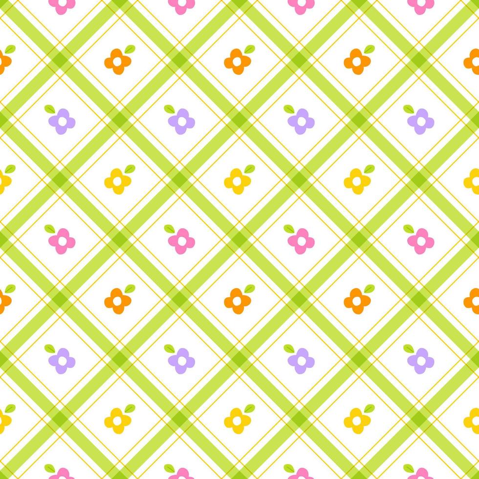 schattig madeliefje bloem blad element oranje geel groen paars lila violet roze diagonaal streep gestreept lijn kantelen geruit plaid tartan buffel scott gingang patroon illustratie inpakpapier, picknick vector