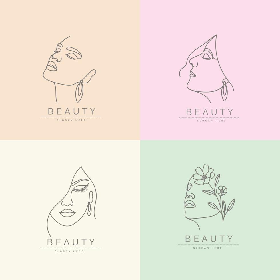 schoonheid mode vrouwelijke vrouw gezicht en sieraden logo ontwerpset vector