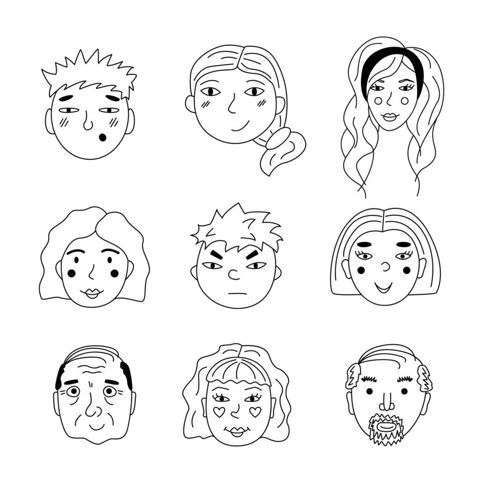 een reeks gezichten van mensen in de stijl van doodle. hand getrokken schets vectorillustratie. vector