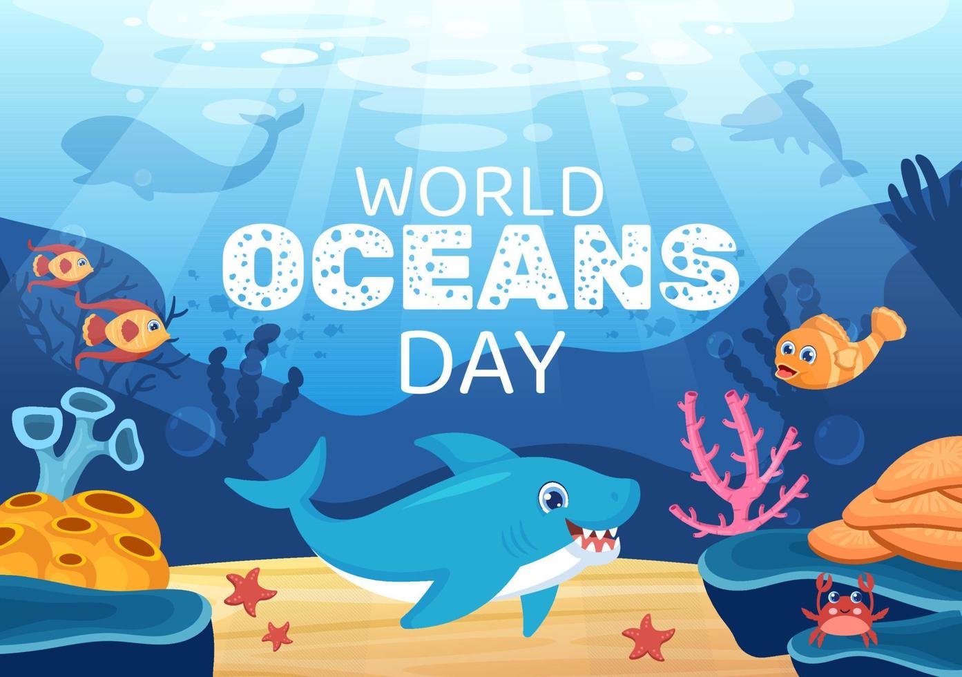 wereld oceaan dag cartoon afbeelding met onderwater landschap, verschillende vis dieren, koralen en zeeplanten gewijd aan het helpen beschermen of behouden vector