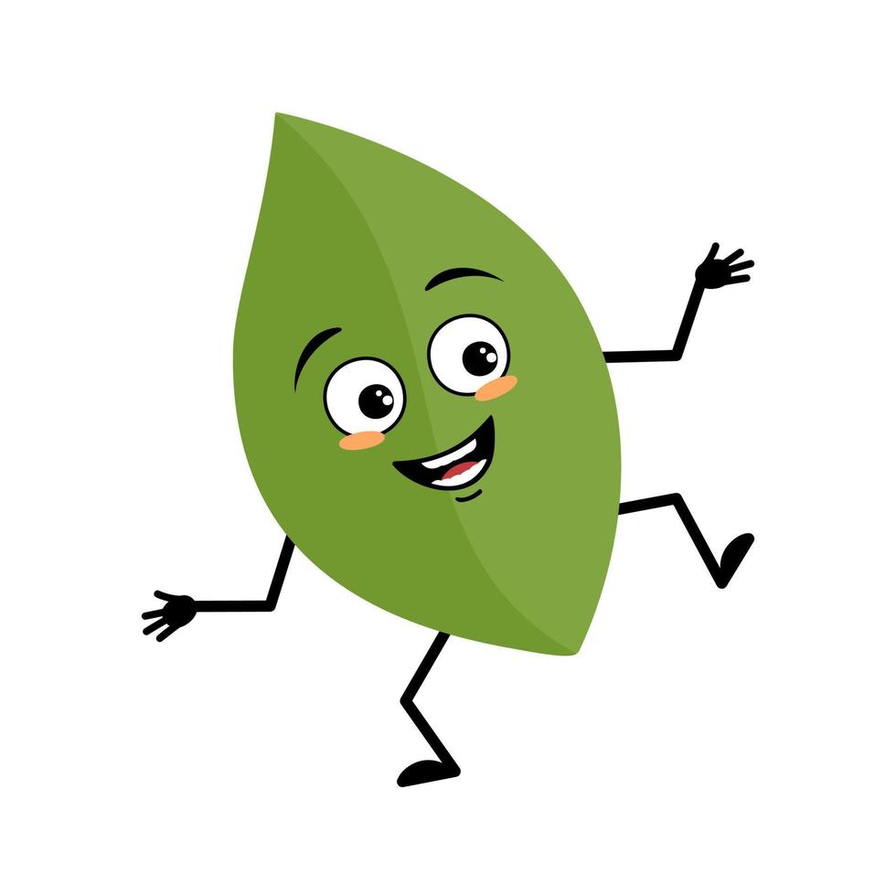 bladkarakter met vrolijke emotie, vrolijk gezicht, glimlachogen, armen en benen. persoon met grappige uitdrukking, groene plant emoticon. platte vectorillustratie vector