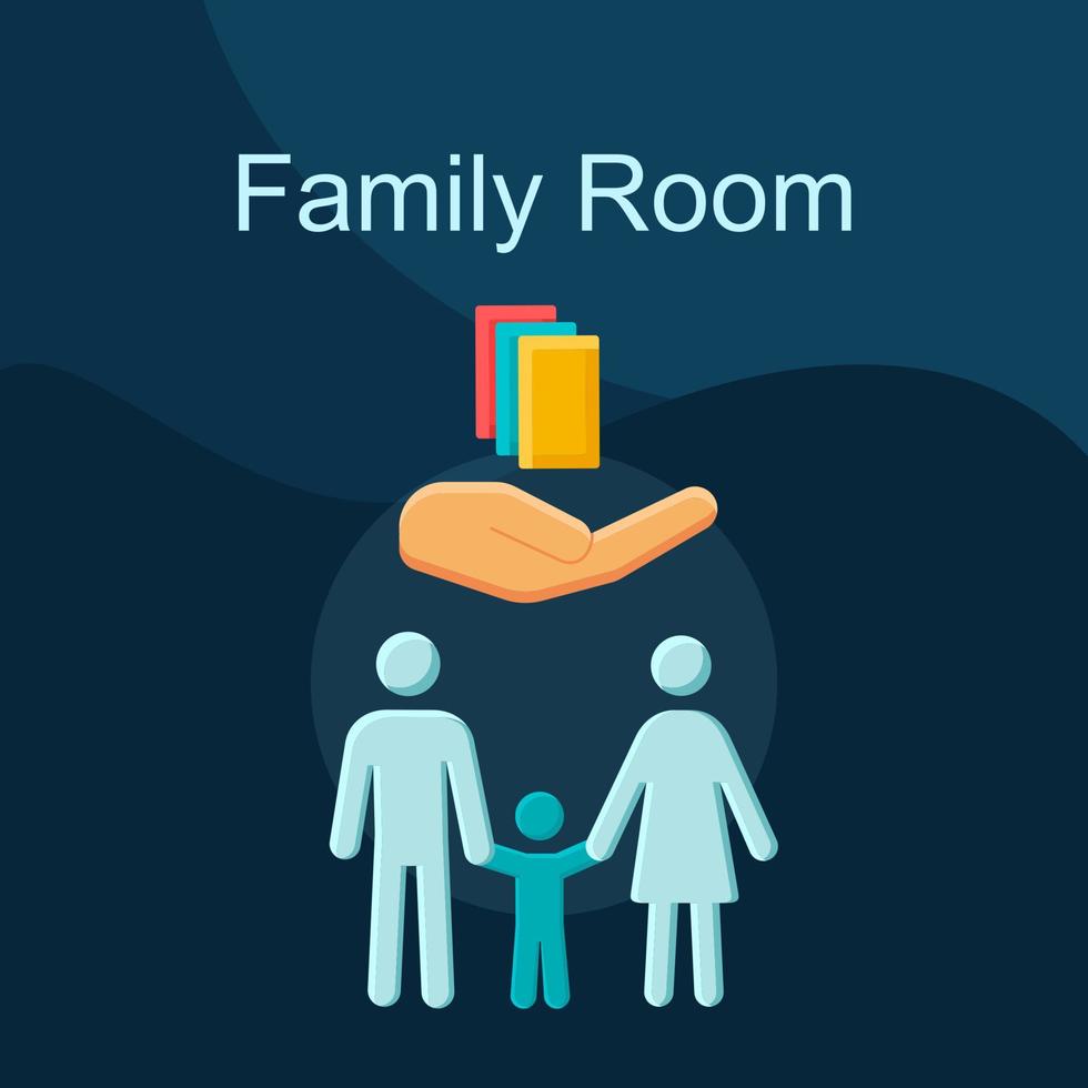 familie kamer platte concept vector pictogram. familie hotel accommodatie idee cartoon kleur illustraties set. suite voor ouders en kinderen. tweepersoonsbed en extra bedden. geïsoleerd grafisch ontwerpelement