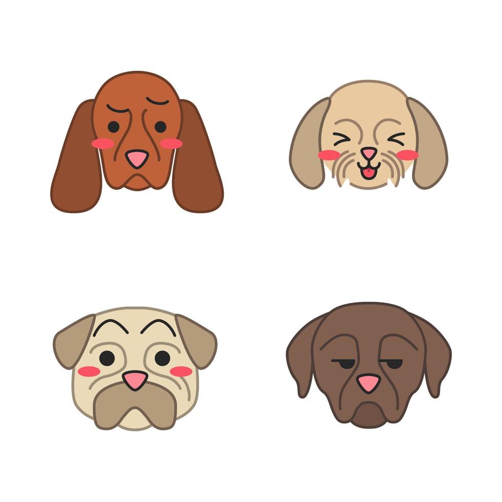 honden schattige kawaii vectorkarakters. dieren met droevige muilkorven. blozende mopshond. lachende shih-tzu. ongeamuseerde rottweiler. grappige emoji, stickers, emoticonset. geïsoleerde cartoon kleur illustratie vector