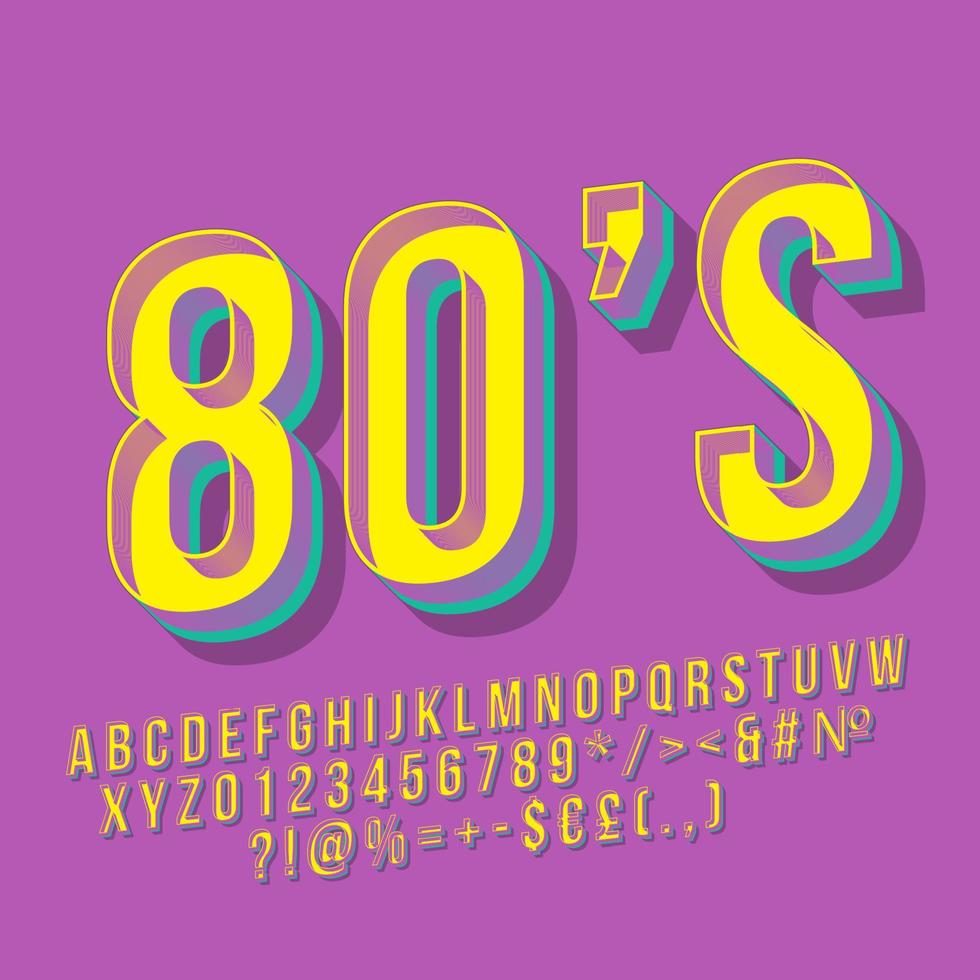 80s vintage 3D-vector belettering. retro vet lettertype, lettertype. popart gestileerde tekst. old school stijl letters, cijfers, symbolen pack. jaren 90 poster, spandoek, typografieontwerp. paarse kleur achtergrond vector