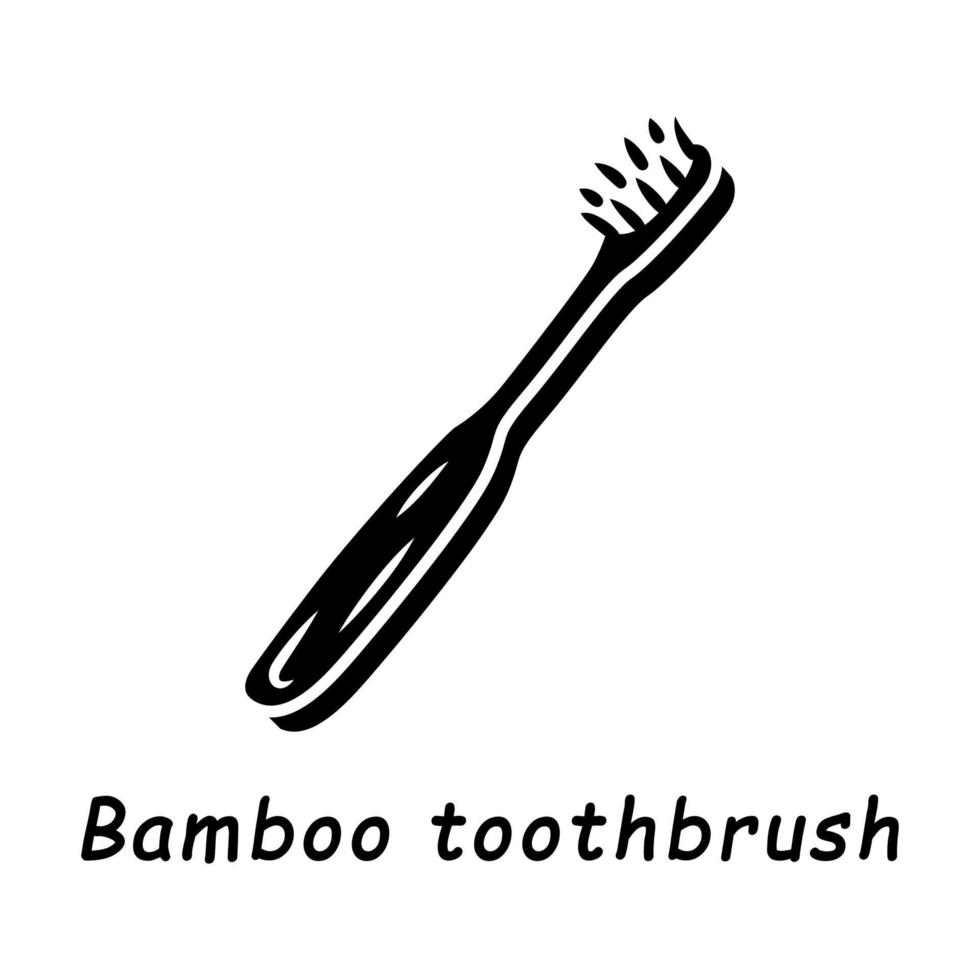 bamboe tandenborstel glyph pictogram. milieuvriendelijk, herbruikbaar materiaal. biologische houten tandenreinigingstool. tandverzorgingsproduct. eco-borstel. silhouet symbool. negatieve ruimte. vector geïsoleerde illustratie