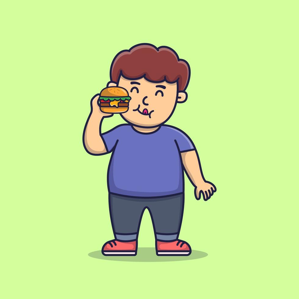 gelukkige schattige jongen eet hamburger, jongen eet junkfood, platte cartoonstijl vector