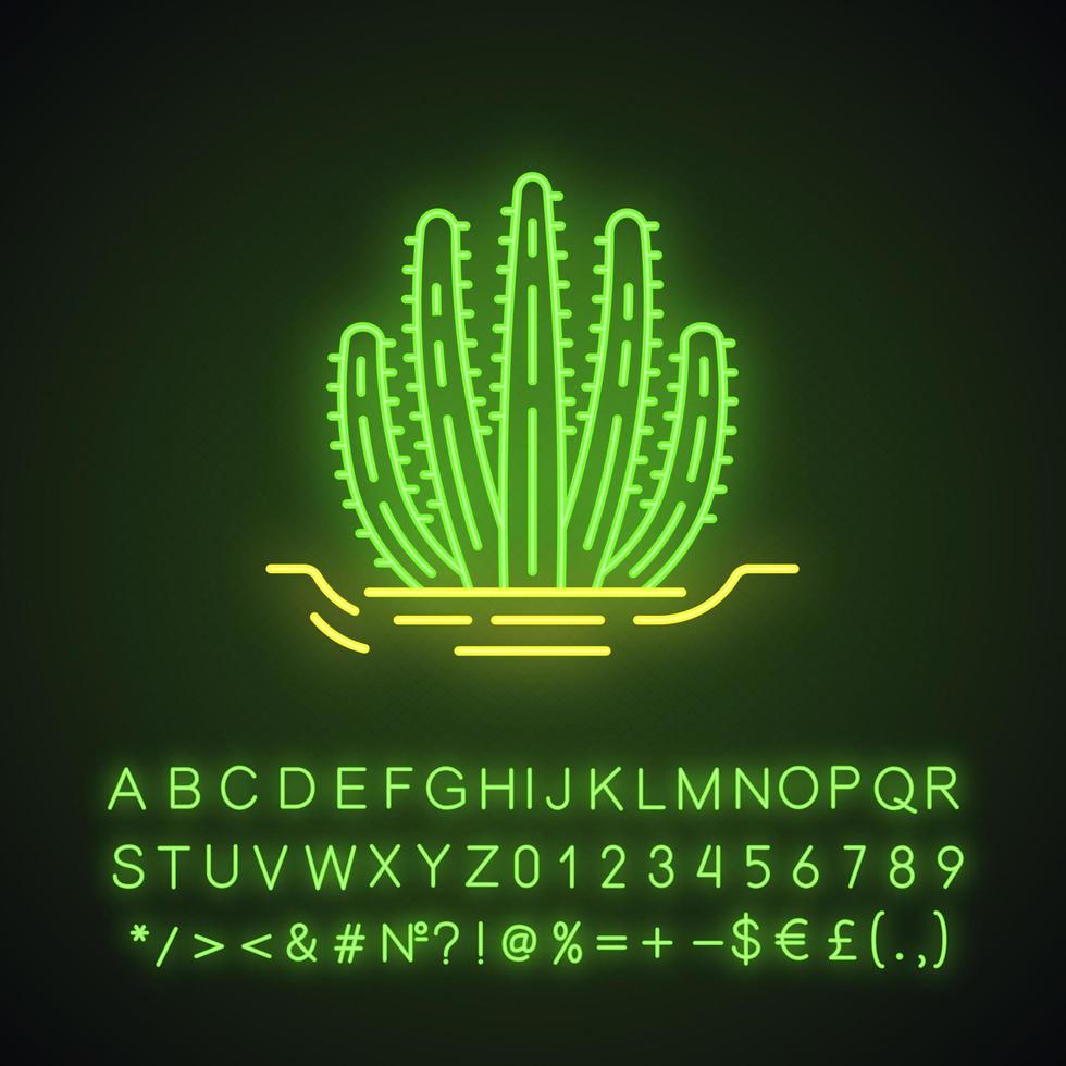 orgelpijpcactus in grondneonlichtpictogram. pitahaya. amerikaanse inheemse plant. tropische exotische flora. gloeiend bord met alfabet, cijfers en symbolen. vector geïsoleerde illustratie