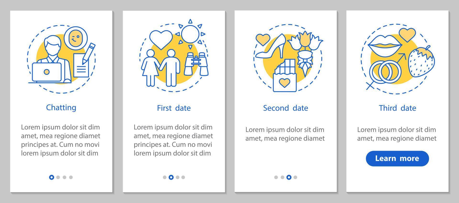 online dating onboarding mobiele app paginascherm met lineaire concepten. romantische relaties ontwikkelingsstappen grafische instructies. ux, ui, gui vectorsjabloon met illustraties vector