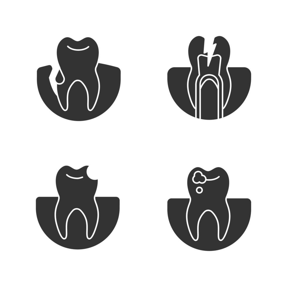 tandheelkunde glyph pictogrammen instellen. stomatologie. bloedend tandvlees, kiespijn, gebroken tand, cariës. silhouet symbolen. vector geïsoleerde illustratie