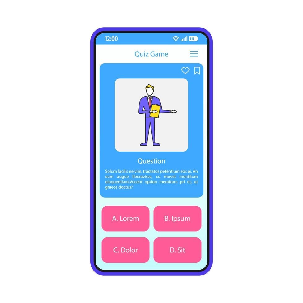 quiz spel app smartphone interface vector sjabloon. mobiele pagina blauwe ontwerplay-out. trivia wedstrijd applicatie scherm. platte ui. online intellectueel spel. kennis test vraag, antwoorden telefoon display