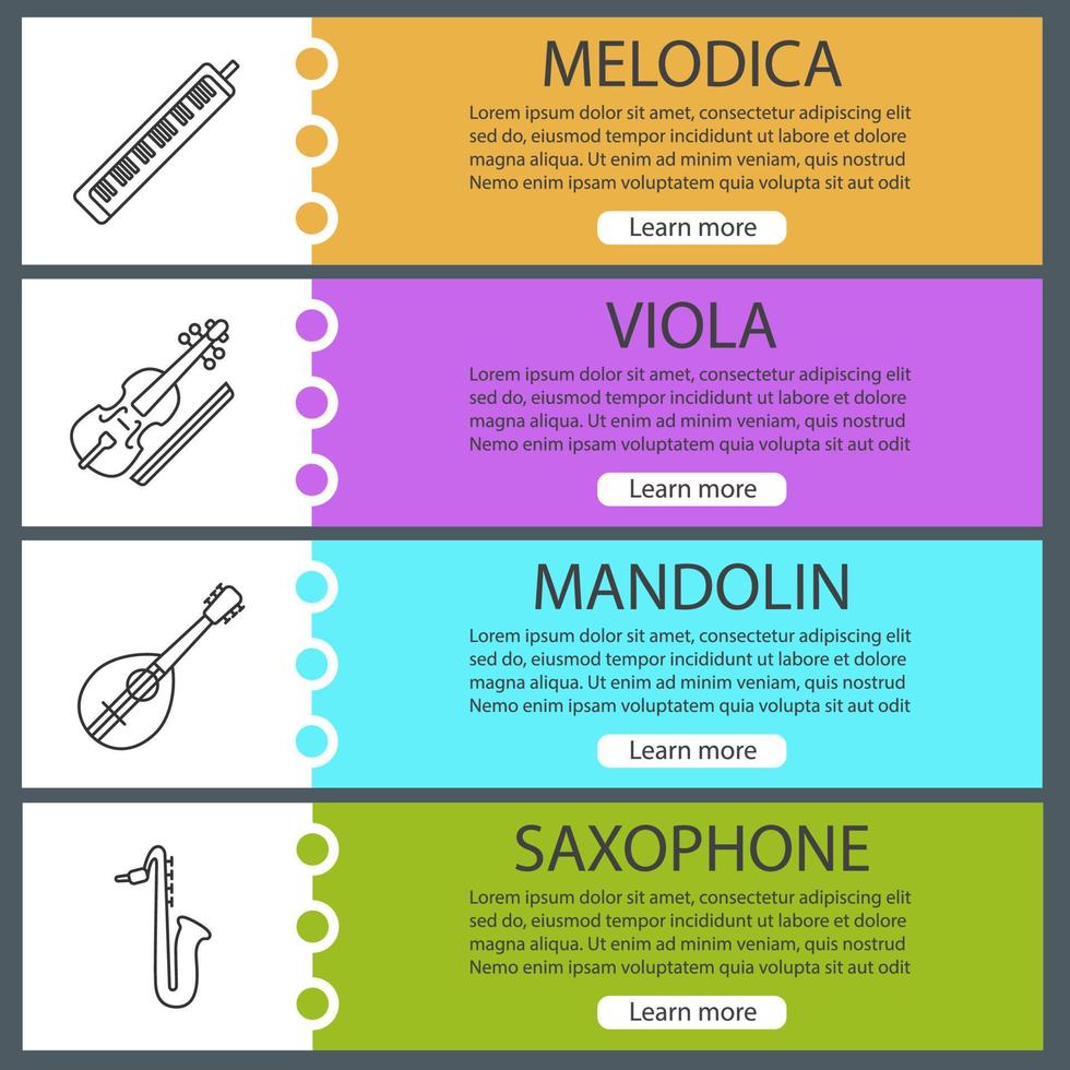 muziekinstrumenten banner sjablonen webset. melodica, altviool, mandoline, saxofoon. website kleur menu-items met lineaire pictogrammen. ontwerpconcepten voor vectorkoppen vector