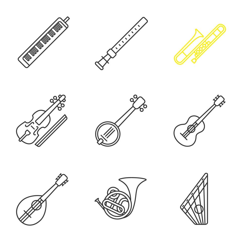 muziekinstrumenten lineaire pictogrammen instellen. melodica, duduk, trombone, altviool, banjo, gitaar, mandoline, hoorn, gusli. dunne lijn contour symbolen. geïsoleerde vectoroverzichtsillustraties vector