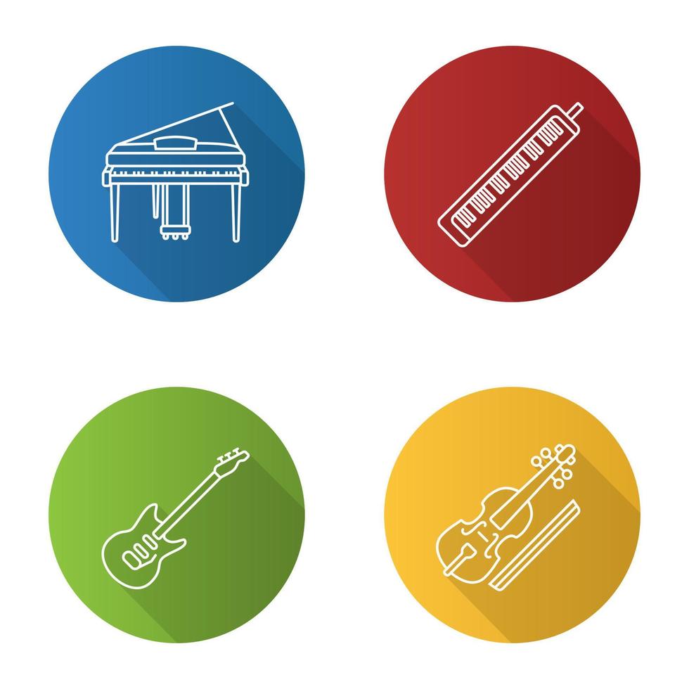 muziekinstrumenten vlakke lineaire lange schaduw iconen set. piano, melodica, elektrische gitaar, altviool. vector overzicht illustratie