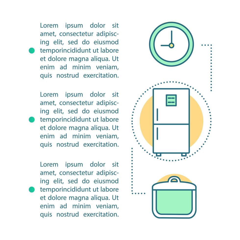 voedsel opslag artikel pagina vector sjabloon. keuken. Koken. maaltijd voorbereiding. brochure, tijdschrift, boekje ontwerpelement met pictogrammen en tekstvakken. print ontwerp. conceptillustraties met tekstruimte