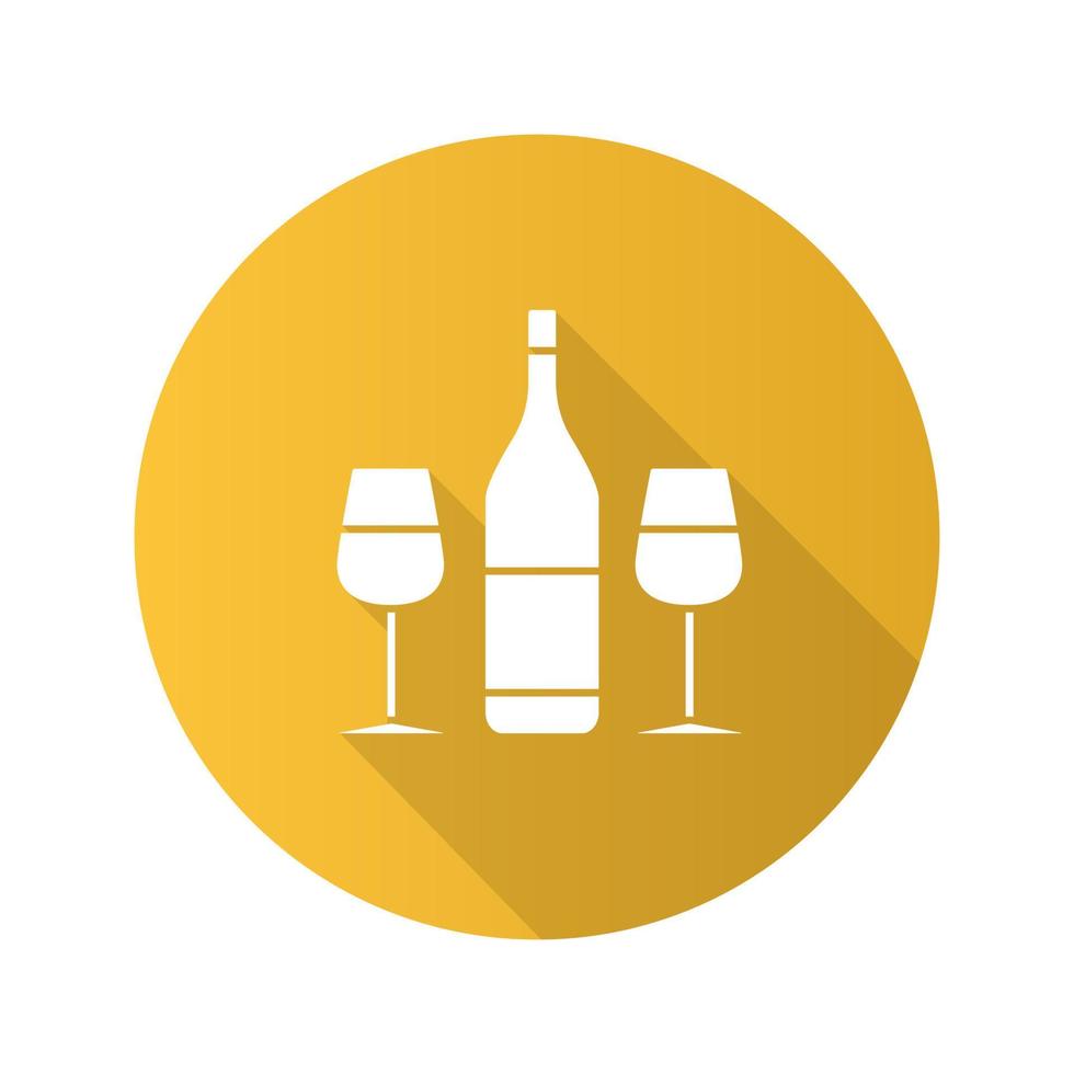 wijn en twee glazen platte ontwerp lange schaduw glyph pictogram. Champagne. vector silhouet illustratie