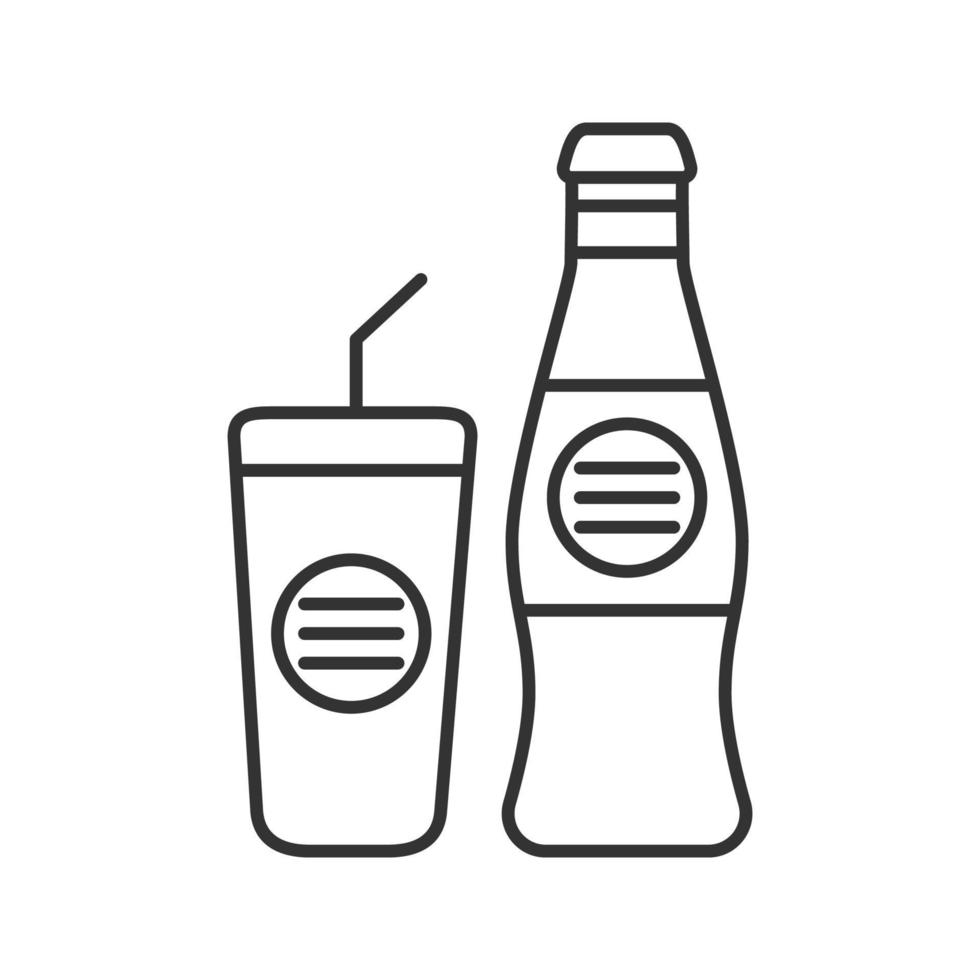 koude dranken lineaire pictogram. dunne lijn illustratie. fles en plastic glas met drank. contour symbool. vector geïsoleerde tekening