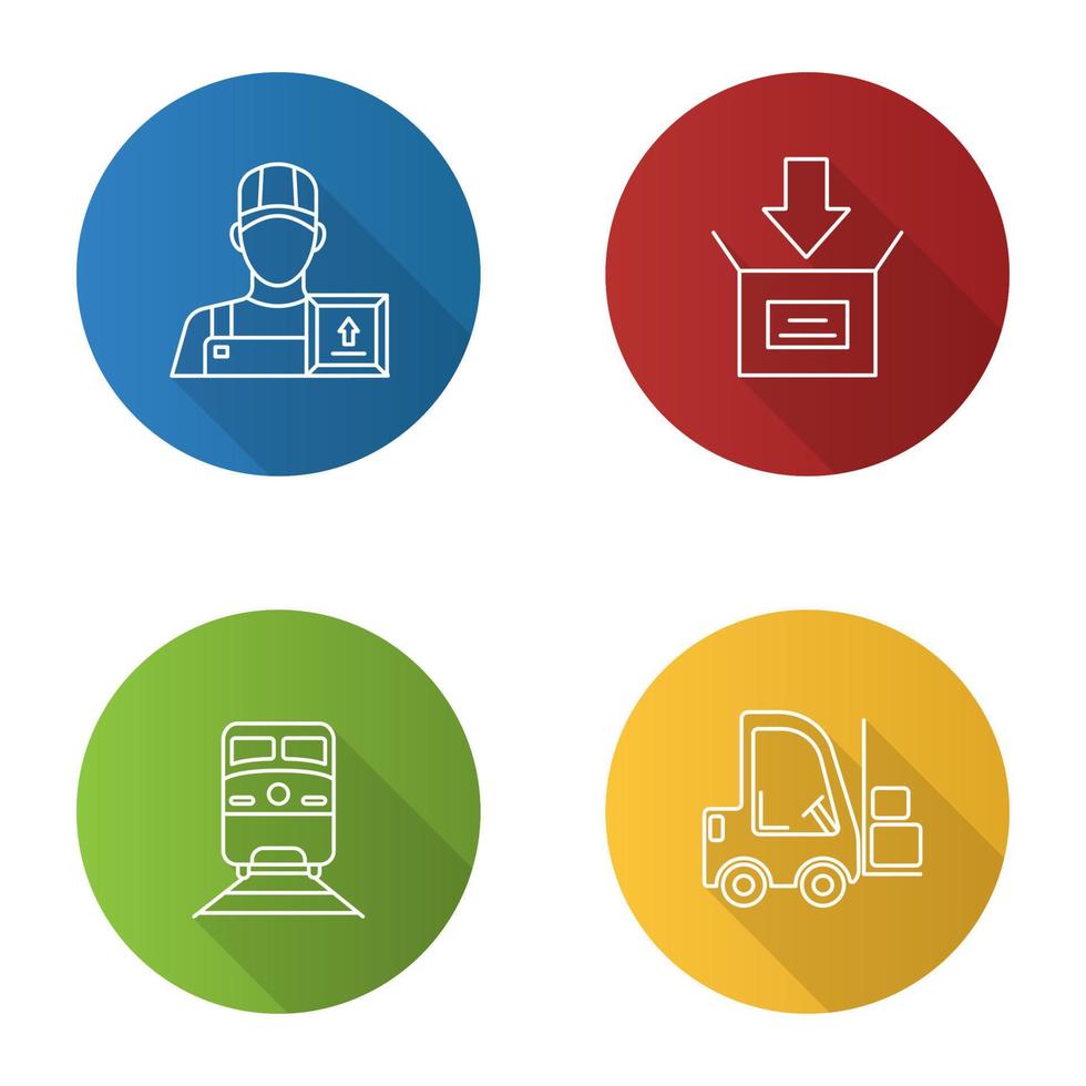 vrachtvervoer plat lineaire lange schaduw iconen set. bezorgservice. loader man, pakket inpakken, trein, heftruck. vector overzicht illustratie