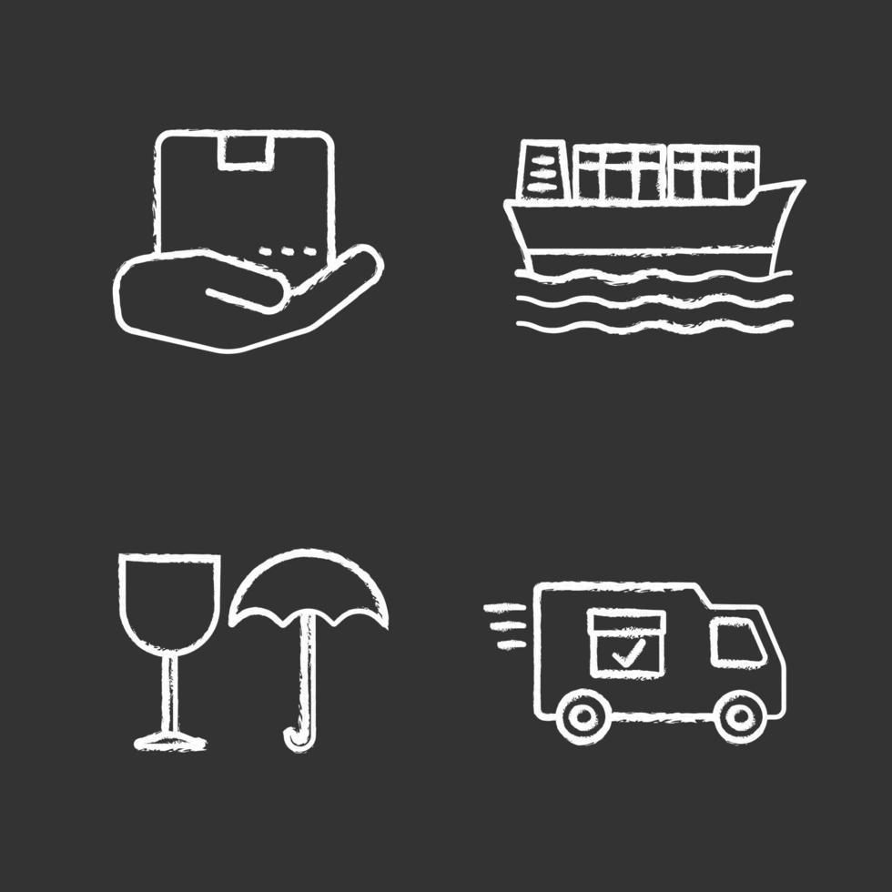 lading scheepvaart krijt pictogrammen instellen. bezorgservice. open hand met pakket, vrachtschip, breekbaar, bestelwagen. geïsoleerde vector schoolbord illustraties