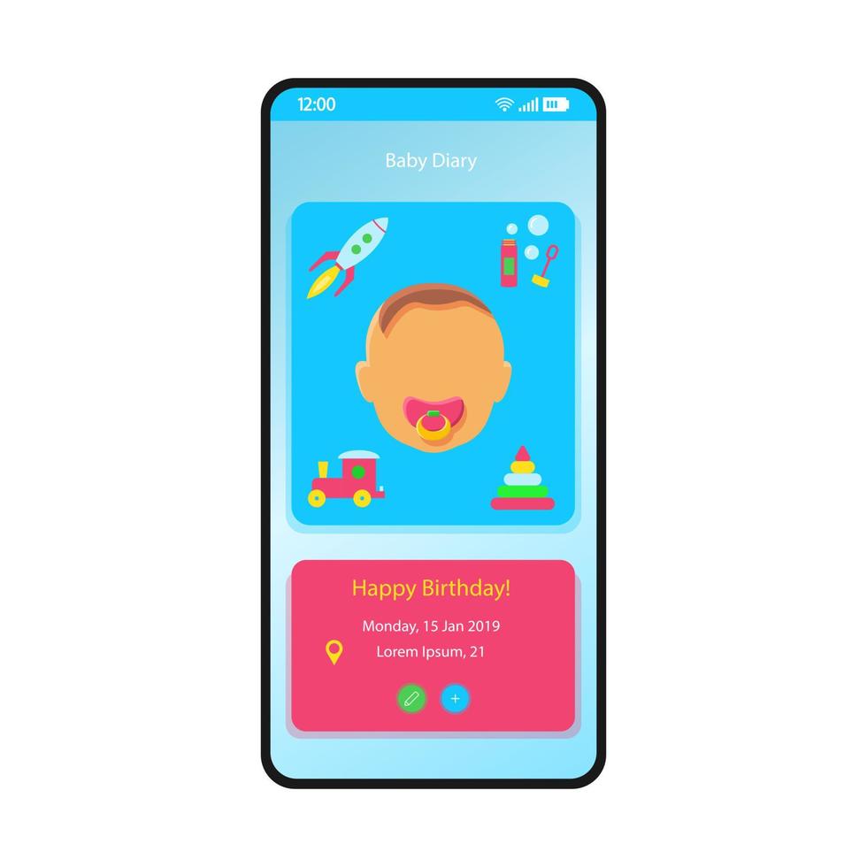 baby dagboek smartphone interface vector sjabloon. mobiele app pagina blauwe ontwerplay-out. ontwikkeling van het kind, activiteitendagboek. evenementenmanager, herinneringsscherm. platte ui voor toepassing. telefoon display