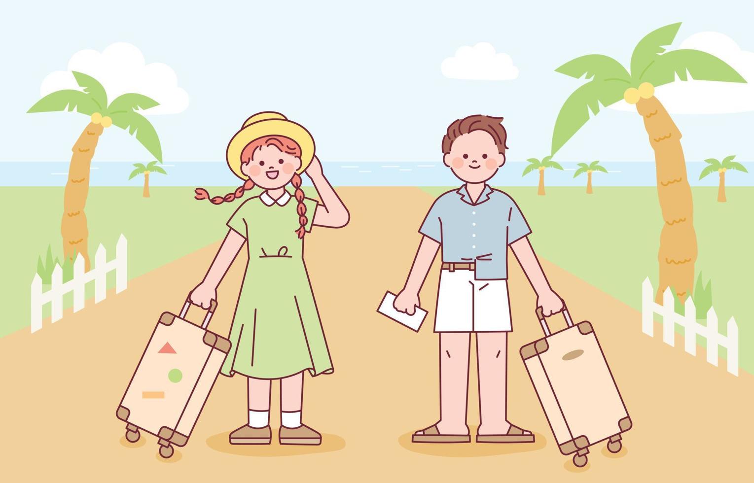 zomervakantie stijl man en vrouw met bagage staan op zee achtergrond. vector