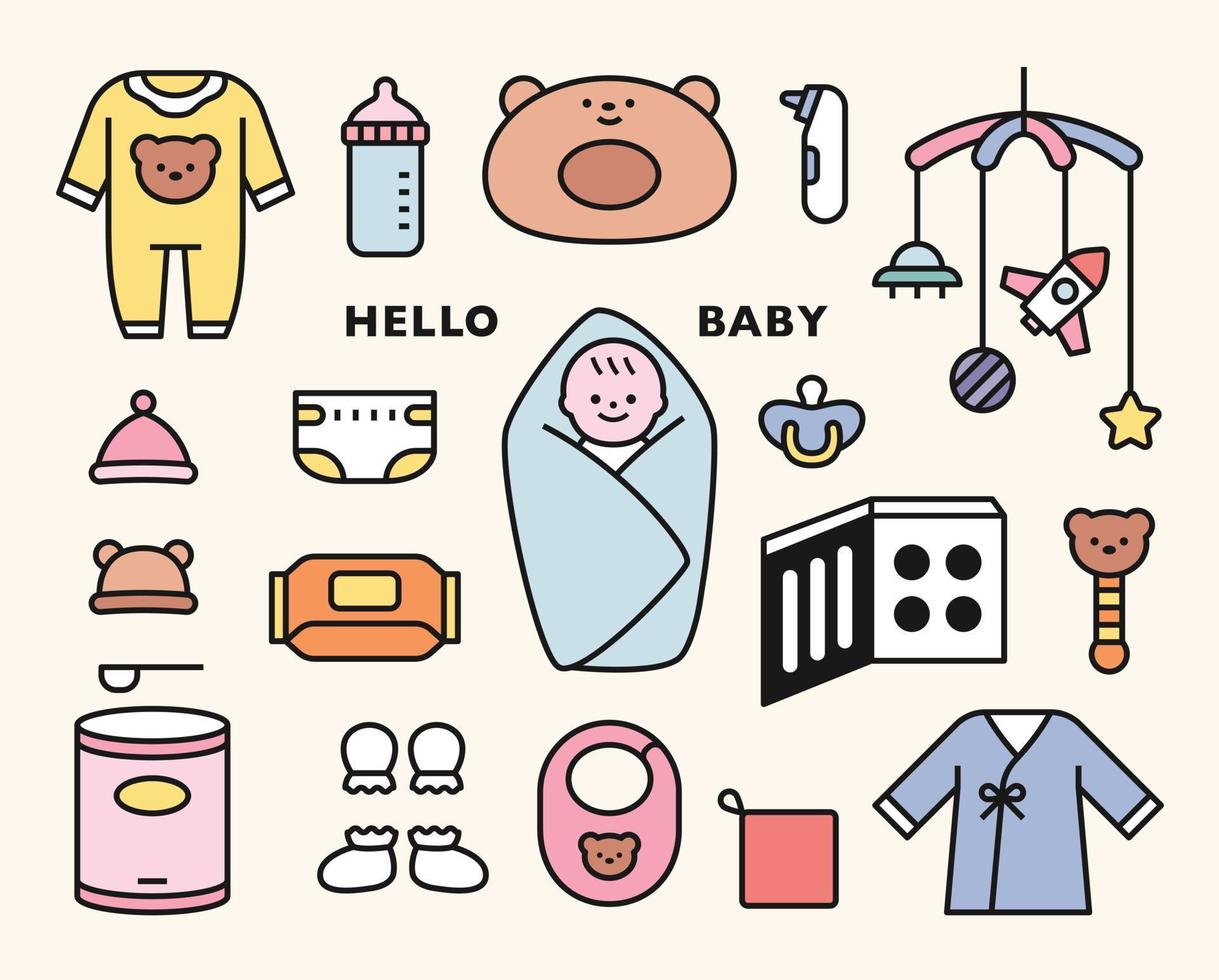 verzameling schattige baby- en babyitemspictogrammen. platte ontwerp stijl vectorillustratie. vector