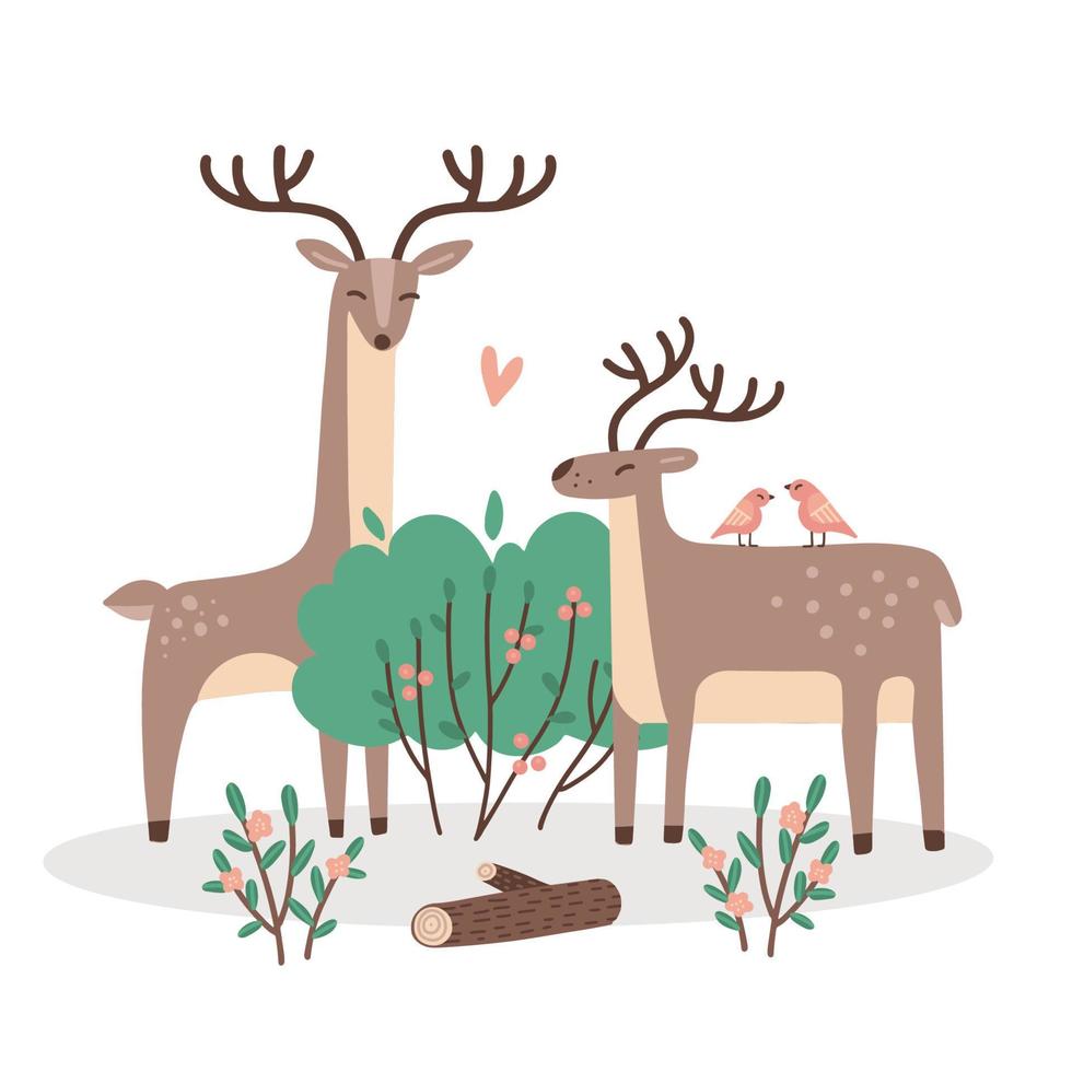 schattig paar verliefde herten. twee wilde dieren met zomer groene struik geïsoleerd concept. valentijn tekens voor afdruksjabloon. geweldig voor kinderdagverblijfinrichting, kinderposters, kaarten, kindertextiel. vector ontwerp