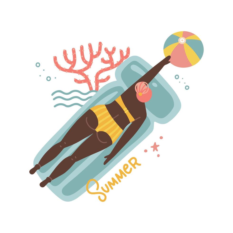 vrouw ontspannen in het zwembad liggend op opblaasbare matras, zwemmen in zee. ioslated concept met zwarte meid, koraal, bal en letterinf tekst zomer. hand getekende vector grafische illustratie.