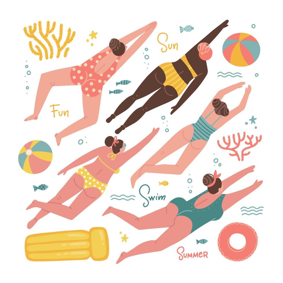 set figuren van zwemmende vrouwen in zwemkleding van verschillende nationaliteiten met zomervakantie-elementen - opblaasbare matras, bal, koralen, vissen. schattige vectorillustratie in de hand getekende vlakke stijl. vector