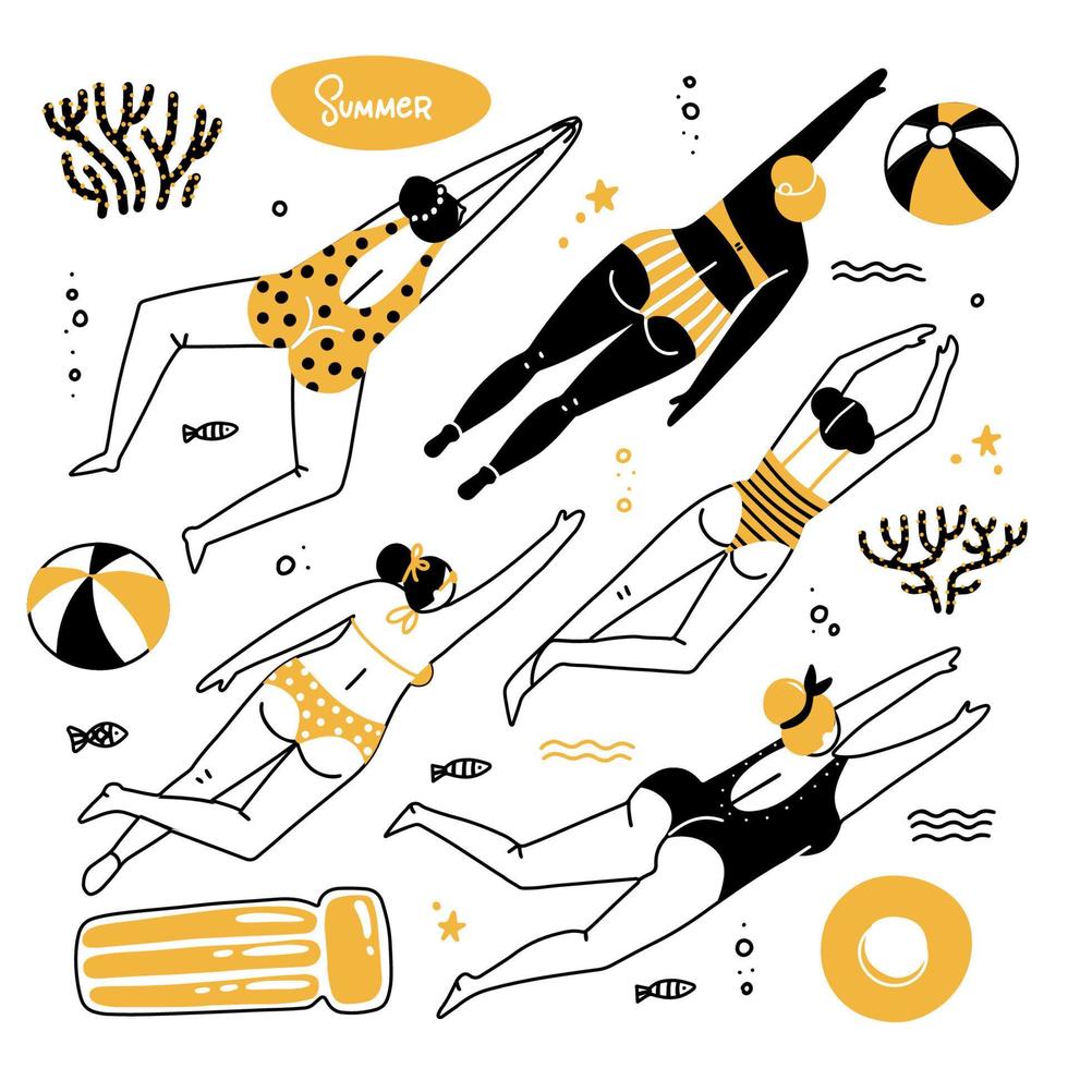 lifestyle zomerset met vrouwelijke personages in zwemkleding met strandelementen voor natuur oceaankaart, poster. zwemmende vrouw op vakantie. meisje zwemt in water. doodle handgetekende platte vectorillustratie vector