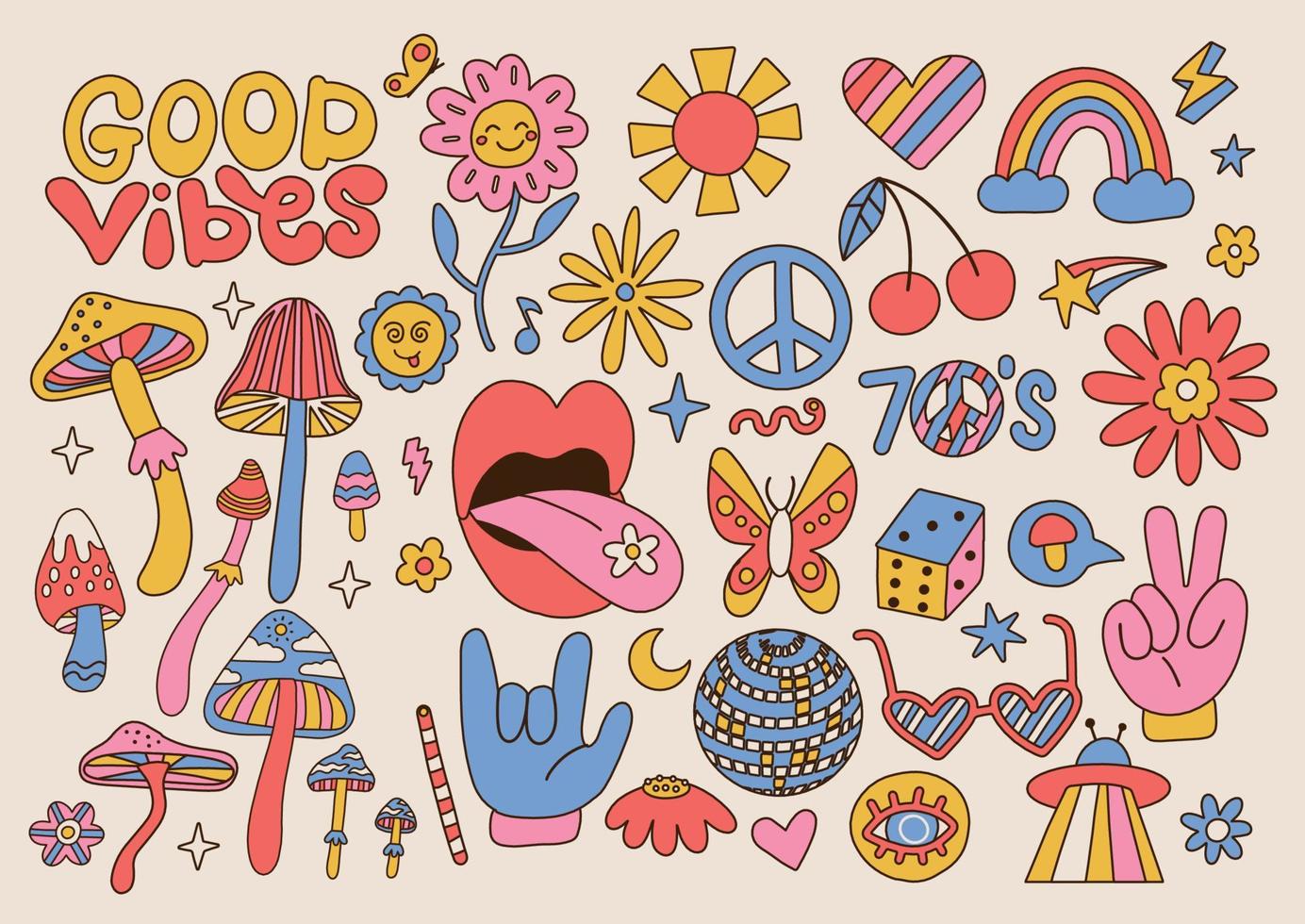 grote set retro jaren 70 groovy elementen, leuke funky hippie stickers. cartoon madeliefjebloemen, paddestoelen, vredesteken, lippen, regenboog, hippie-collectie. positieve hand getekende vector geïsoleerde symbolen.