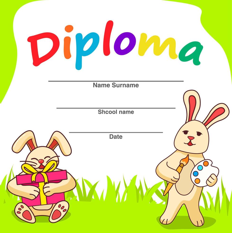 diploma sjabloon voor kids.cartoon karakter konijn met geschenken en paashaas met eggs.flat illustratie vector.website banner concept. vector