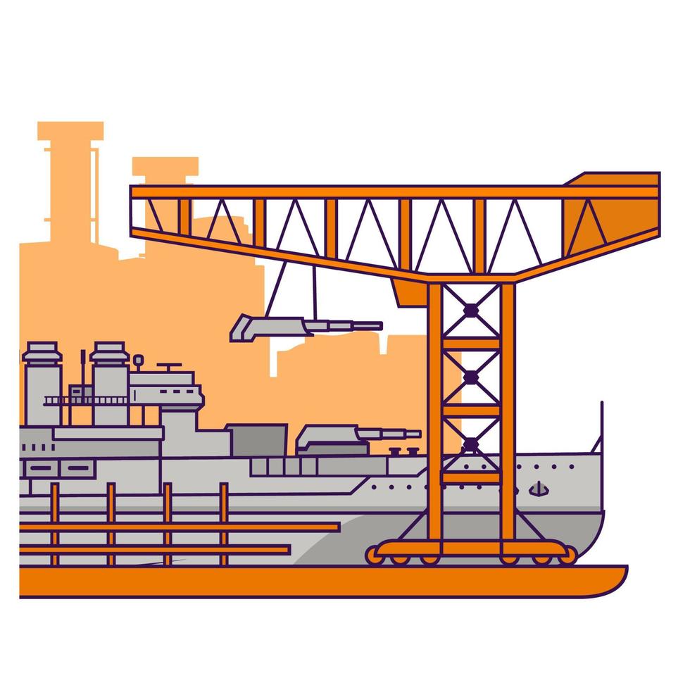 militaire factory.construction op het slagschip van de scheepswerf met artillerie towers.warship.flat lijn kunst vector.isolated op een witte achtergrond. vector