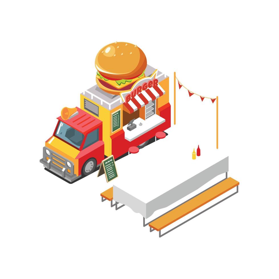 hamburger winkel straatvoedsel vrachtwagen isometrische vector illustratie ontwerp