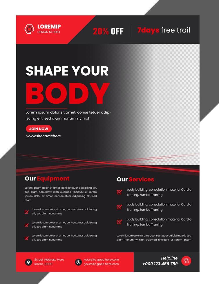 fitness gym zakelijke flyer ontwerpsjabloon met zwarte en rode kleur. sportschool flyer, sportschool flyer vector