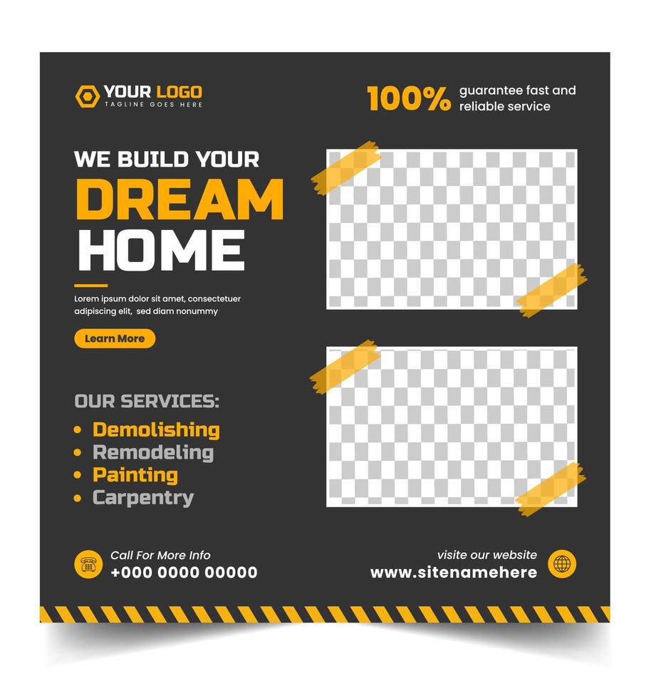 constructie social media post banner ontwerpsjabloon met gele kleur, corporate constructie tools social media post design, home improvement banner template, home reparatie social media post banner. vector